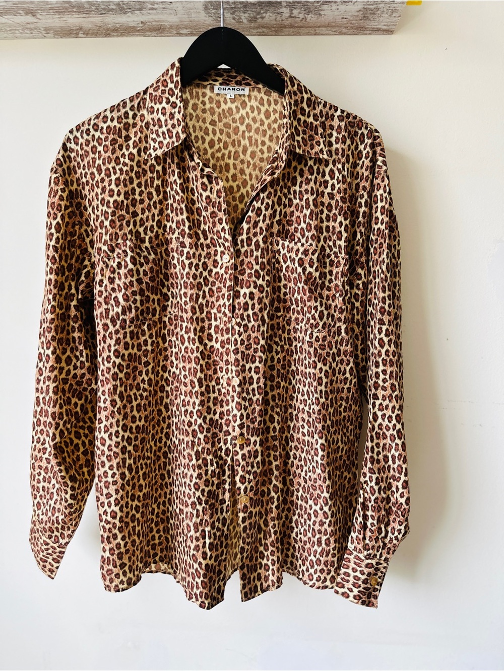 Chanon Leopard Print Button-Up Shirt - Brown/Tan Large 100%silk